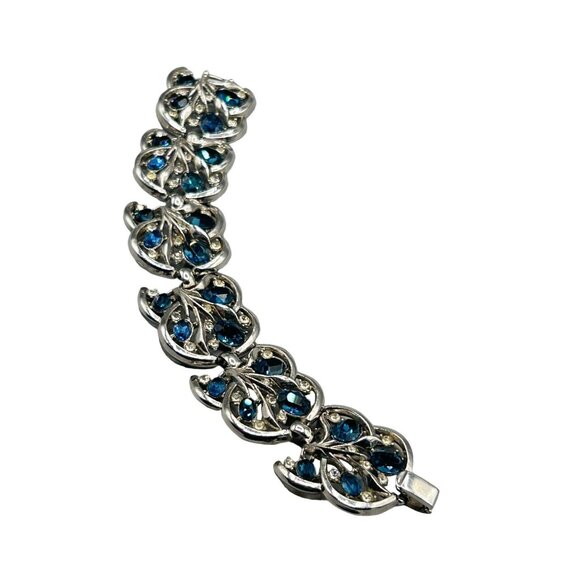 Signed Trifari Sapphire Blue Rhinestones Link Bracelet Wide Silver Tone Long - Picture 1 of 7